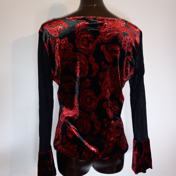 stretchy velvet floral print top with sheer sleeves & boat neck - Picture 7 of 13
